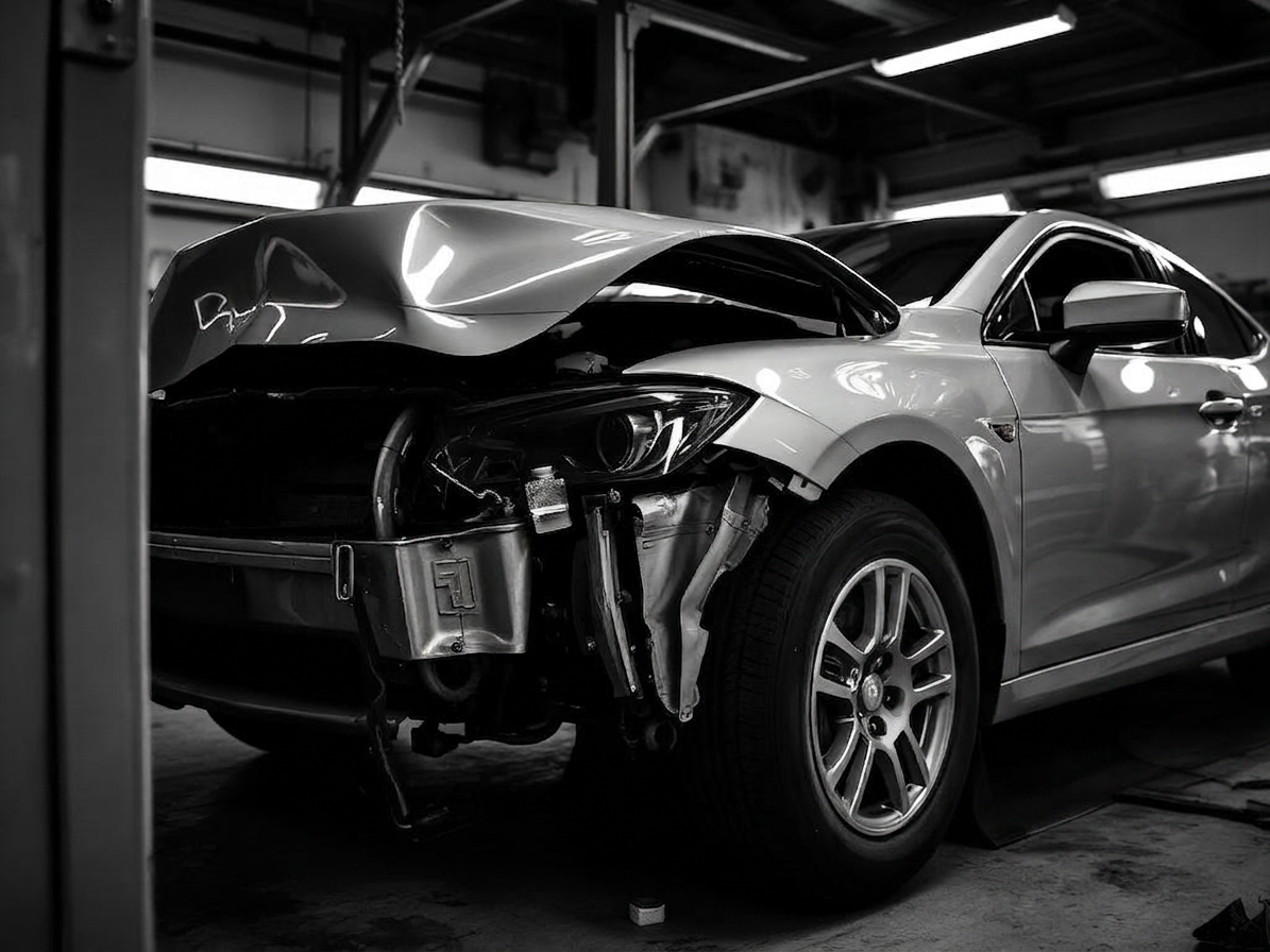 Damaged car with crumpled front end in Rob's collision repair bay
