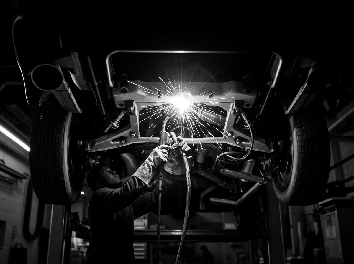 Underbody welding work on car frame with sparks