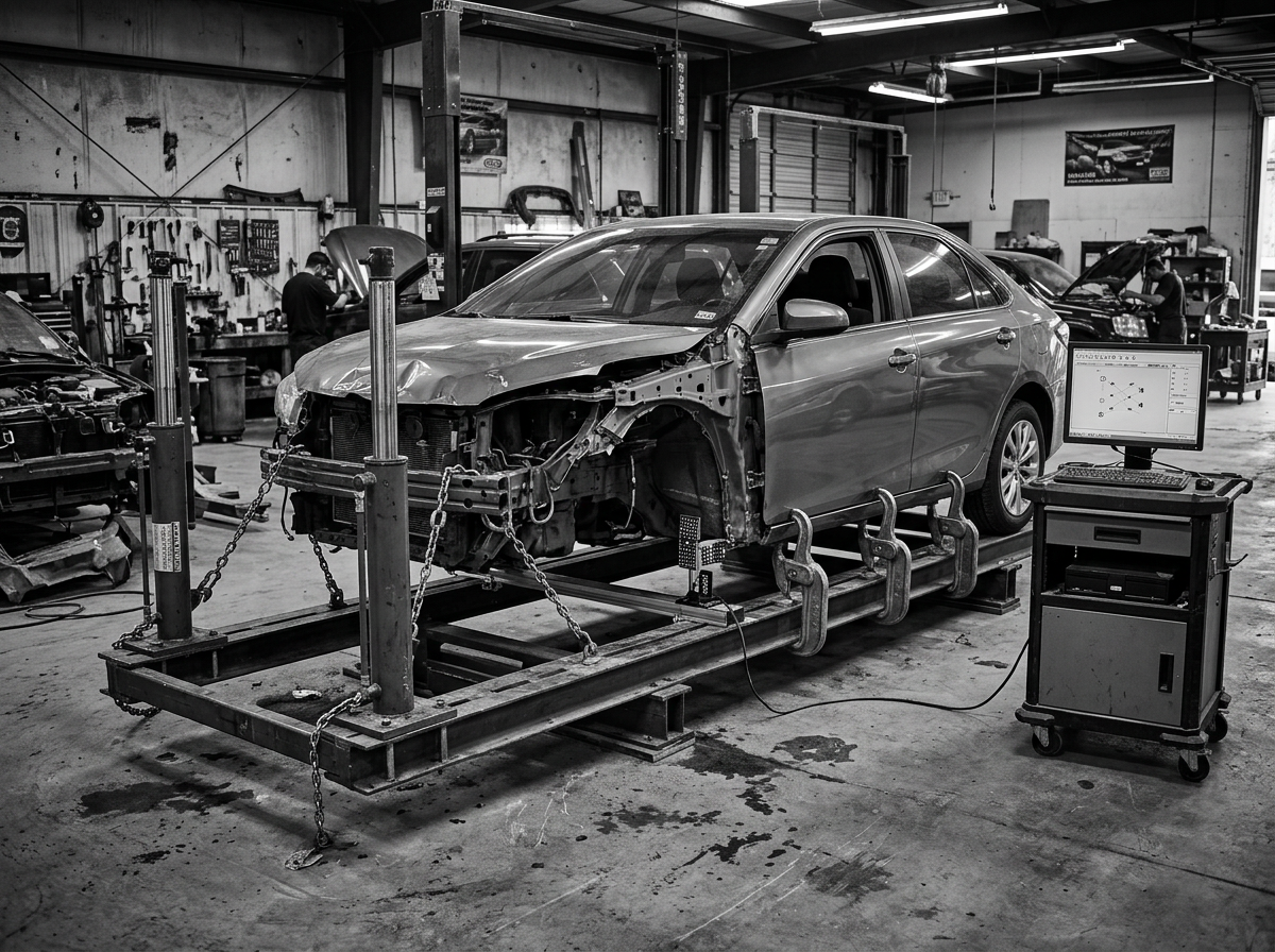Frame straightening jig with measuring gauges on classic car body