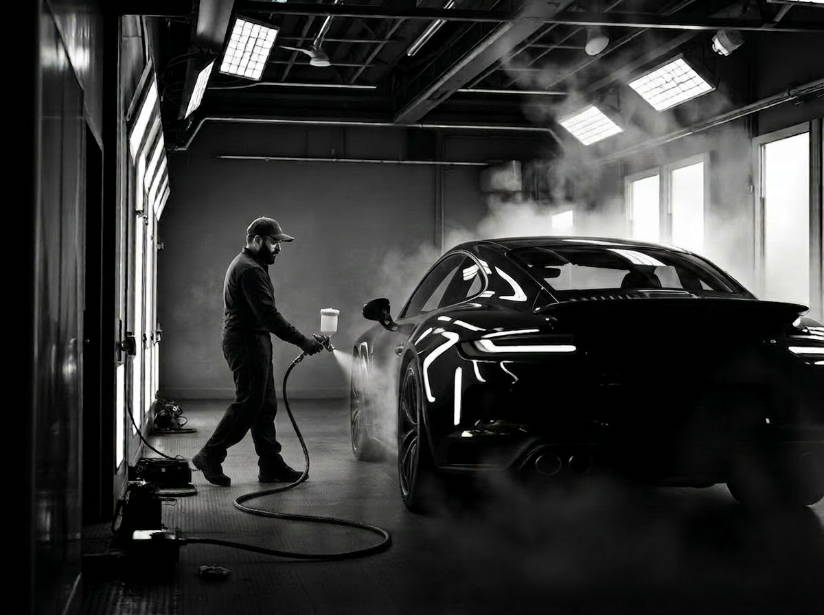 Painter spraying car body in a professional auto paint booth